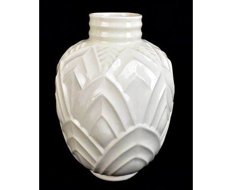 BOCH FRÈRES; a French Art Deco vase with moulded geometric decoration, printed and impressed marks to base, height 37cm.Addit