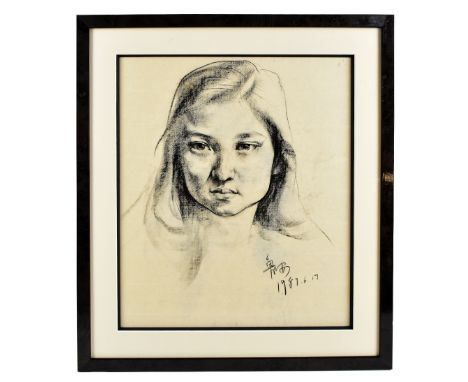 WEI LUAN; charcoal, portrait study of a young woman, signed and dated 1987.6.17, 40 x 34cm, framed and glazed. Provenance: pr