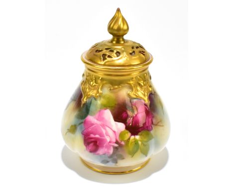 ROYAL WORCESTER; a hand painted potpourri and cover of tapering form, painted with roses, height 12.5cm, puce factory marks a