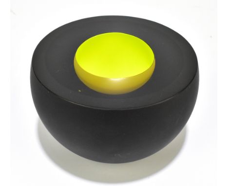 A contemporary Czech glass egg bowl with internal yellow colourway inside a black body, in the manner of František Vizner, he