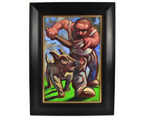 PETER HOWSON OBE (Scottish, born 1958); oil on canvas, study of man with dog, signed, 60 x 40cm, framed. (D)Provenance: Priva