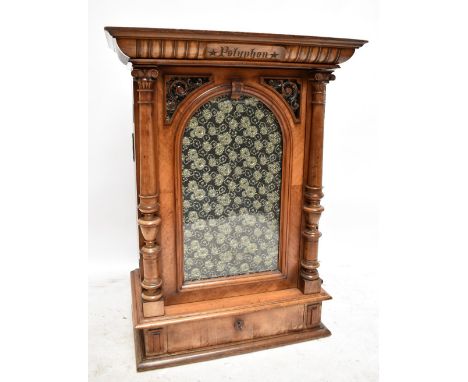 A circa 1898 19 5/8" upright coin operated parlour Polyphon musical box in walnut case, the glazed door with pierced panels f