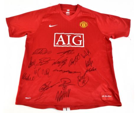 MANCHESTER UNITED; a Nike 2008-09 season home shirt, signed by Park, Ronaldo, Hargreaves, Giggs, Nani, Brown, Van der Sar, Sc
