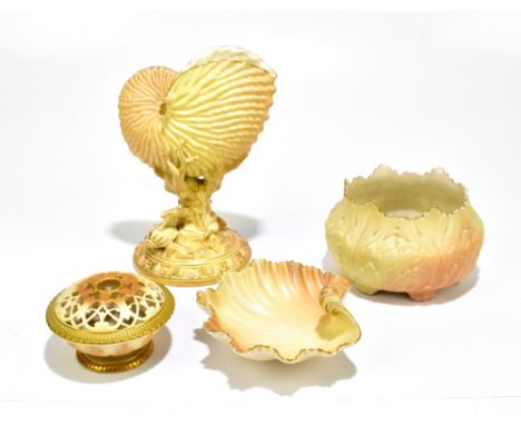 ROYAL WORCESTER; three pieces of blush ivory to include a nautilus shell vase, height 21cm and a similar Locke &amp; Co Worce