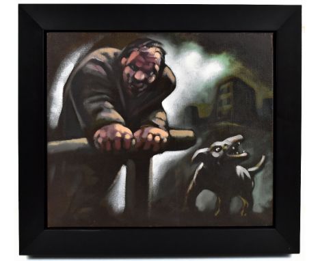 PETER HOWSON OBE (Scottish, born 1958); oil on canvas, study of man with dog, signed, 30.5 x 35.5cm, framed. (D)Provenance: P