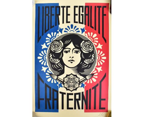 SHEPARD FAIREY (American, born 1970); offset lithograph on cream Speckletone paper 'Liberte, Egalite, Fraternite' (2018), sig