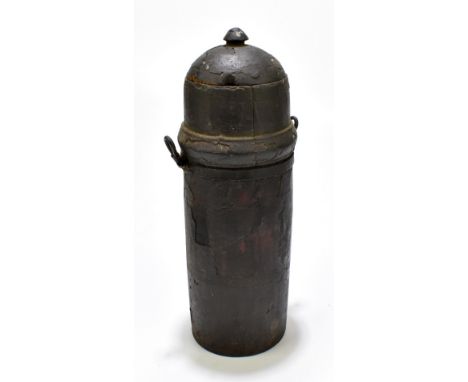 A Nepalese carved treen flask of cylindrical form with metal banding, height 34cm.&nbsp;Additional InformationLosses/splits a