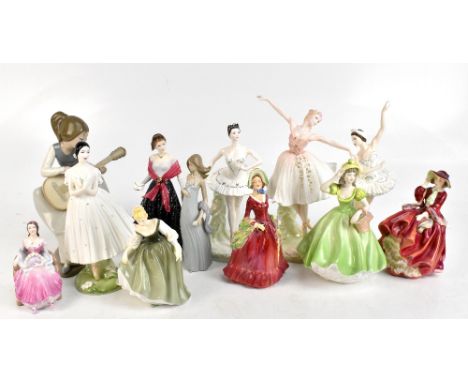 ROYAL DOULTON; four assorted figures to include 'Sabbath Morn', together with further figures to include Coalport, Nao and Wo