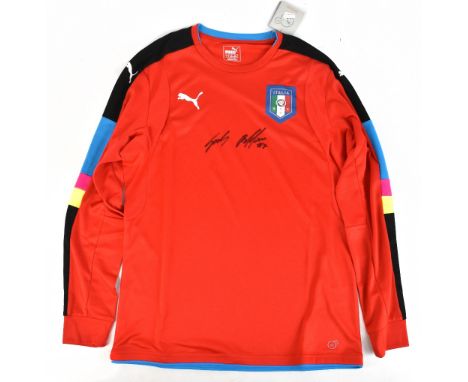 GIANLUIGI BUFFON; an Italy Puma red long sleeved goalkeeper's shirt, signed to front, size L.Additional InformationCreased, o