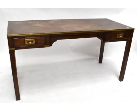 A campaign-style brass bound two drawer writing table, height 72cm, width 137.5cm, depth 60.5cm.Additional InformationSignifi