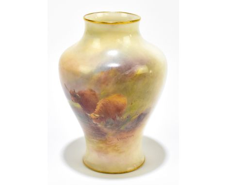 ROYAL WORCESTER; a hand painted vase of shouldered form painted with Highland cattle, signed Stinton with puce marks to base,