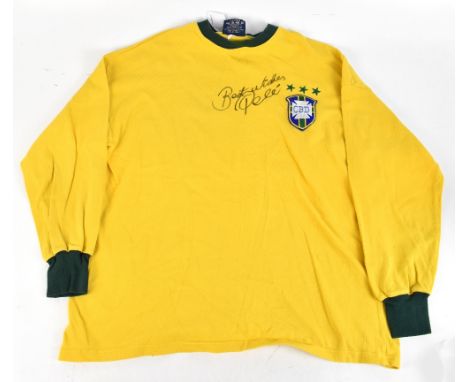 PELÉ; a Toffs cotton retro remake Brazil home shirt with embroidered crest beneath three stars, signed and inscribed 'Best wi