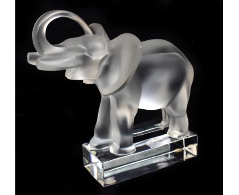 LALIQUE FRANCE; a clear and frosted glass model elephant, signed to rim, height 16cm, length 14cm.Additional InformationGood 