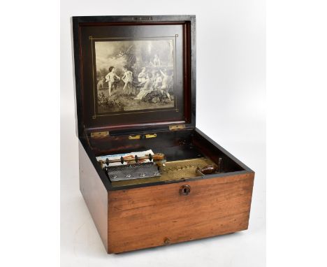 A late 19th century walnut cased Polyphon musical box, with printed detail of putti playing instruments to the hinged lid int