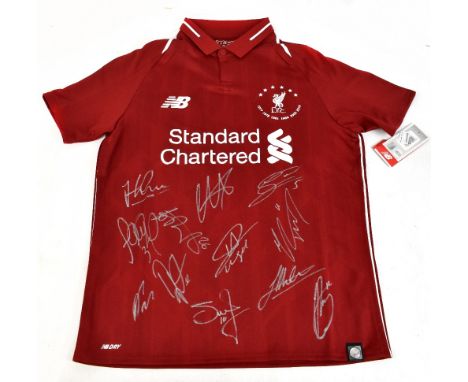 LIVERPOOL FC; a New Balance Six Time European Cup Winners Edition home shirt, signed to front by Henderson, Alexander-Arnold,