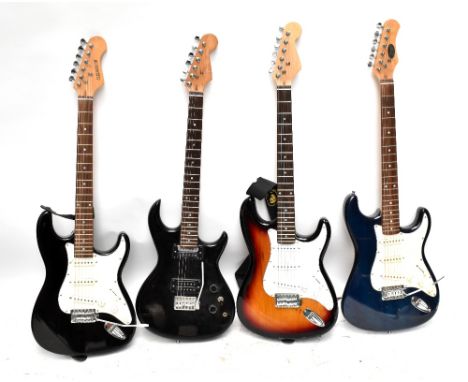 Four electric guitars comprising Stagg, Elevation and two unnamed examples, all with soft cases (4).Additional InformationNot