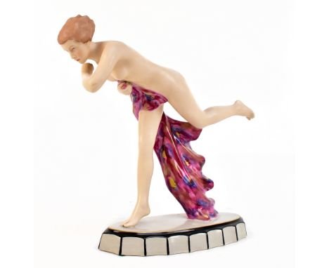 ROYAL DUX; an Art Deco-style figure of a scantily clad girl leaning, raised on oval plinth base with embossed pink triangle m