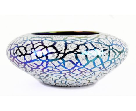 JOHN DITCHFIELD FOR GLASFORM; an unusual iridescent art glass bowl with textured decoration, signed and with original label t
