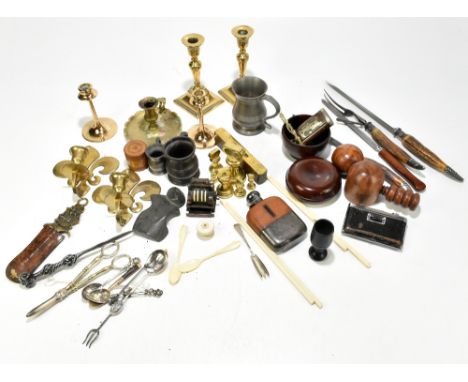 A group of collectors' items to include a pair of Victorian brass sovereign scales, various treen items, silver plated hip fl