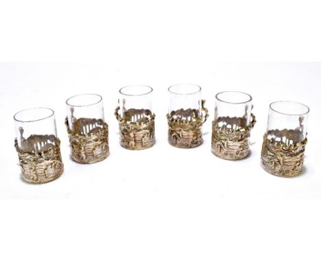 WILLIAM COMYNS; a Victorian cased set of six hallmarked silver mounted liqueur glasses, the silver body with pierced and repo