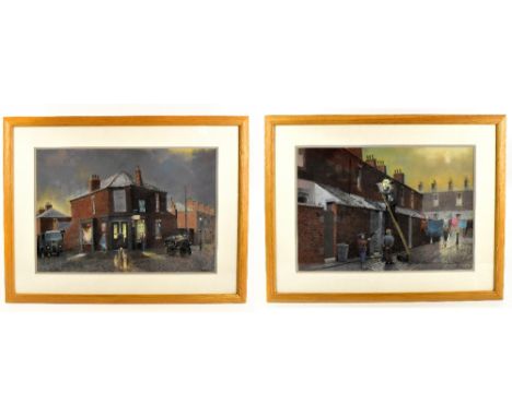 TOM BROWN (1933-2017); a pair of pastels, figure lighting a street lamp and figures outside a corner shop, both signed, 38 x 