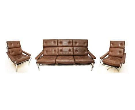 TIM BATES FOR PIEFF; a mid-20th century three-piece lounge suite comprising three-seater sofa, armchair and a swivel armchair
