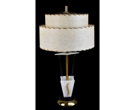 MOSS LAMP; an American Art Deco-style plexiglass and gilt metal table lamp, raised on circular plinth base with associated sh