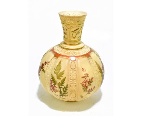 ROYAL WORCESTER; a blush ivory globular vase with reticulated top rim above panelled body with floral decoration, height 26cm