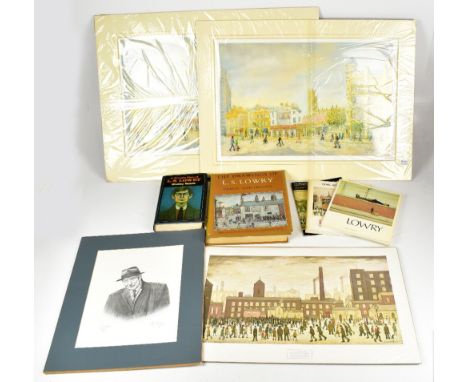 LIZ TAYLOR; four pencil signed prints to include L.S Lowry, one example number 8/75, 33 x 25.5cm, street scene, 40 x 58cm, nu