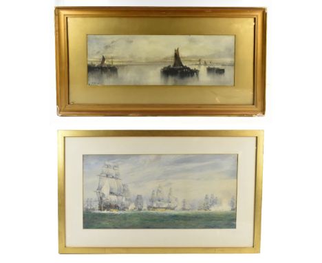IRWIN JOHN DAVID BEVAN (1852-1940); watercolour, expansive Naval engagement, signed, 30 x 61.5cm, framed and glazed, also a c