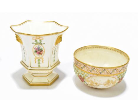 IN THE MANNER OF GEORGE OWEN; a Royal Worcester&nbsp;hand painted and reticulated bowl, with gilt and jewelled chevron decora