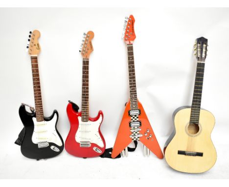 Three electric guitars comprising an Encore, Stagg and Parrot (rubbed logo), also an Elevation acoustic guitar, all with soft