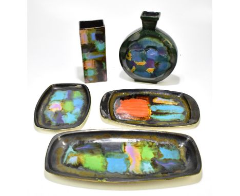 ERIC LEAPER; five pieces of assorted ceramics to include a moon flask, height 29cm, rectangular platters (5). (D)Additional I