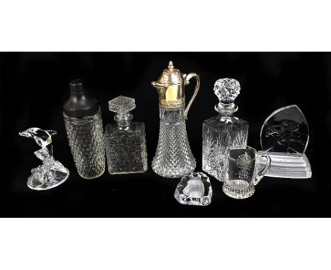 A small collection of assorted moulded glass to include a Nestlé cocktail shaker, claret jug, decanter, French crystal model 