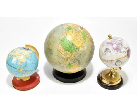 Three table top globes, diameter of larger approx 20cm, the smaller a tin plate example (3).Additional InformationStaining, d