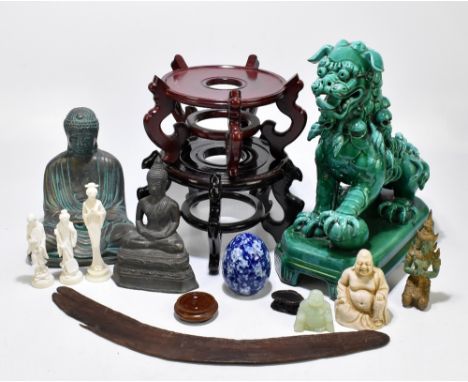 A mixed group of Chinese and further Oriental items including a large green glazed Dog of Fo, height 40cm, a group of Buddha 