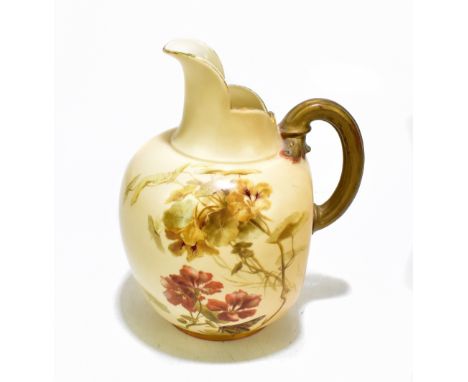 ROYAL WORCESTER; a large flat back blush ivory jug painted with floral sprays and butterfly, height 21cm, with indistinct ini