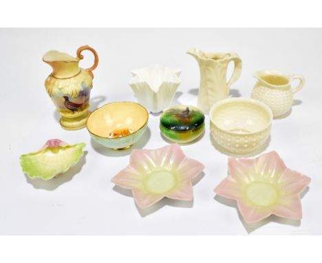 ROYAL WORCESTER; four pieces of assorted ceramics to include a pair of coloured leaf-shaped dishes, together with three piece