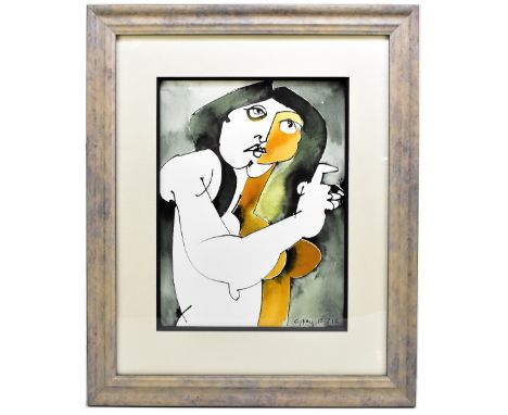 GEOFFREY KEY (born 1941); mixed media, abstract portrait study, signed and dated 10.7.12, 35 x 26.5cm, framed and glazed. (D)