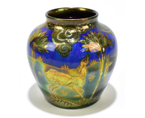 WILLIAM SLATER MYCOCK FOR PILKINGTON'S ROYAL LANCASTRIAN; a lustre vase decorated with deer in landscape scene, signed and nu