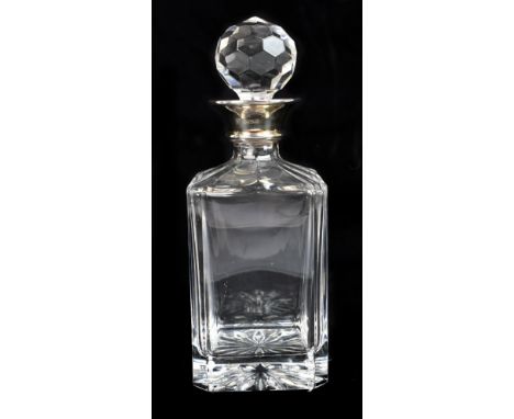 An Elizabeth II hallmarked silver mounted and clear glass decanter of square section, Birmingham 1995, height 27.5cm.Addition