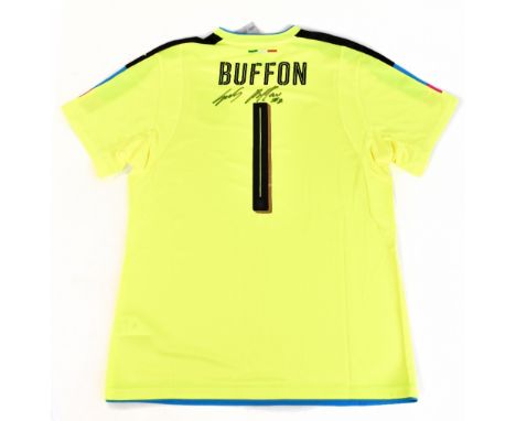 GIANLUIGI BUFFON; an Italy Puma goalkeeper's shirt in fluorescent yellow (not commercially available), with 1 to front, signe
