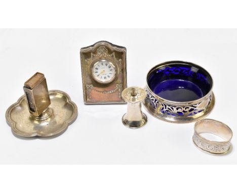 GEORGE NATHAN &amp; RIDLEY HAYES; a George V hallmarked silver pierced dish with blue glass liner, Chester 1912, diameter 10.