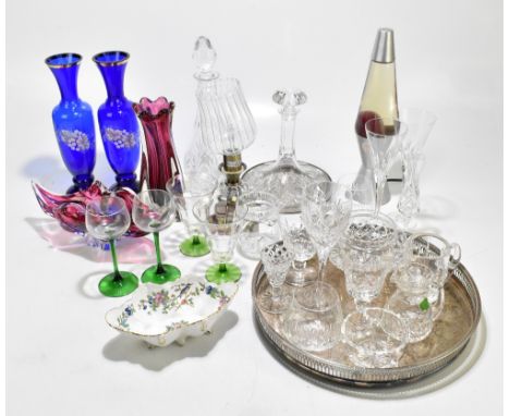 A group of coloured and clear glass including a pair of enamelled blue and gilt vases, height 30.5cm, coloured shaped bowl an