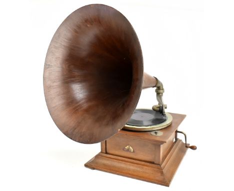 HMV; a Model 7 gramophone with applied label to front, the reproducer inscribed ‘His Master’s Voice Exhibition’, the case 19.