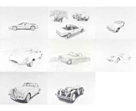 BARRY KENYON; two pencil drawings depicting classic cars, signed and dated '88 lower right, 42 x 58.5cm, together with six fu