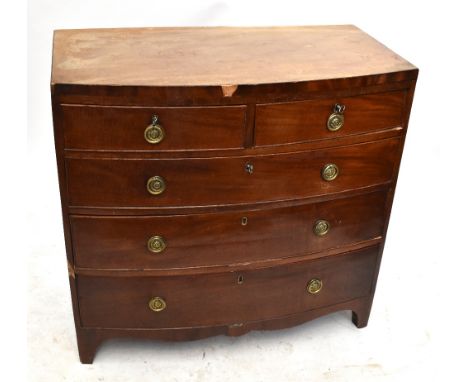 A 19th&nbsp;century mahogany bowfront chest of two short and three long graduated drawers raised on bracket feet, width 90cm.
