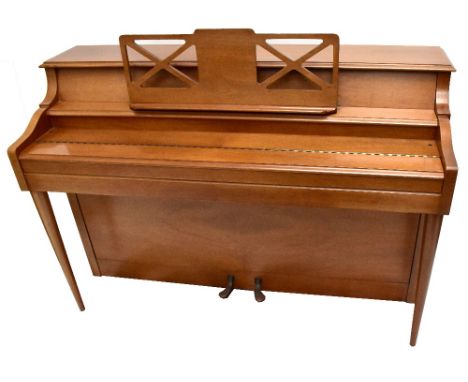 KNIGHT; a teak cased upright piano, height 93.5cm, width 139cm, depth 55cm.Additional InformationSome light marks.