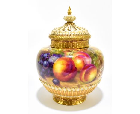 HORACE PRICE FOR ROYAL WORCESTER; a hand painted potpourri and cover painted with fruit, signed to body, puce factory marks t