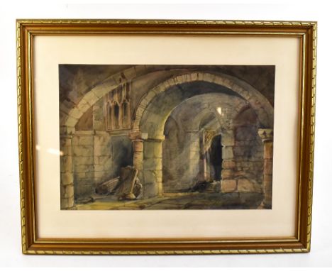 UNATTRIBUTED; watercolour, church interior, unsigned, 30.5 x 45cm, together with a coloured print, 'The House Wot Keeps Bad H